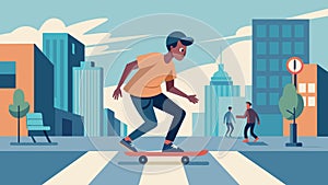 A skateboarder calmly coasting through a busy city street effortlessly weaving in and out of pedestrians and traffic photo
