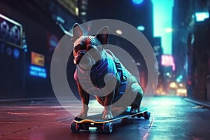skateboarder dog rides a skateboard on road to cyberpunk city of future at night with neon lights. Generative AI