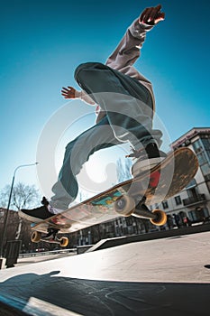 Skateboarder executing a flip trick on a sunny day at an urban skatepark.