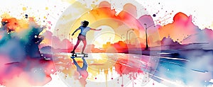 A skateboarder glides through vibrant watercolor splashes at sunset, embodying freedom and art