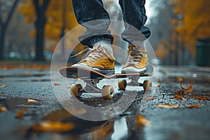 Skateboarder in jeans, rolling on wet asphalt with sneakers