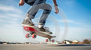 close-up of skateboarder, skateboarder with skateboard in the park, skateboarder doing tricks with skateboard