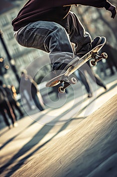 Skateboarder performing an ollie trick on an urban sidewalk, with a focus on the skateboard and shoes photo
