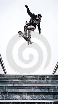 Skateboarder performs kickflip over stairs, Skate Show, Cool Shot, Effort, Generative AI photo