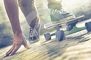 Skateboarder riding skateboard