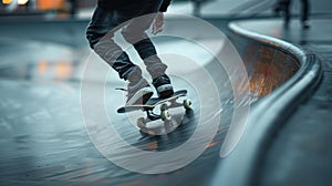 A skateboarder smoothly gliding along the skatepark bowl exeing Spin Carves with ease