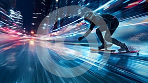 Skateboarder speeds through city lights at night with motion blur.