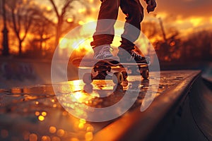 Skateboarder at sunset performing a stunt