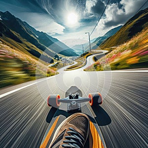 Skateboarder takes an exhilarating ride down a winding country road