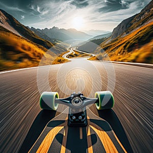 Skateboarder takes an exhilarating ride down a winding country road