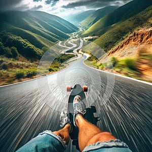 Skateboarder takes an exhilarating ride down a winding country road