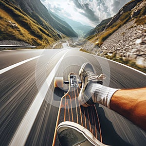 Skateboarder takes an exhilarating ride down a winding country road