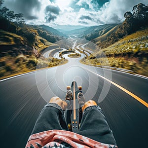 Skateboarder takes an exhilarating ride down a winding country road