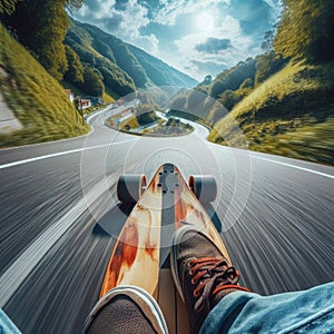 Skateboarder takes an exhilarating ride down a winding country road