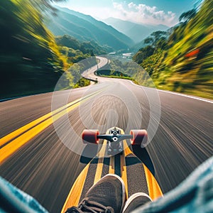 Skateboarder takes an exhilarating ride down a winding country road