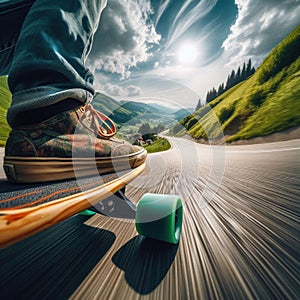 Skateboarder takes an exhilarating ride down a winding country road