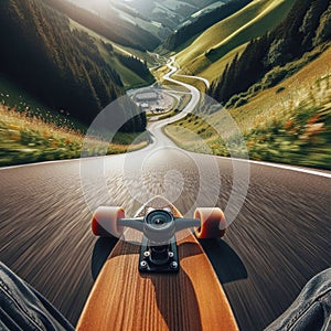 Skateboarder takes an exhilarating ride down a winding country road