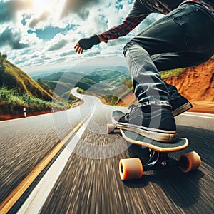 Skateboarder takes an exhilarating ride down a winding country road