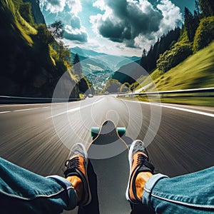 Skateboarder takes an exhilarating ride down a winding country road