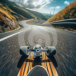 Skateboarder takes an exhilarating ride down a winding country road