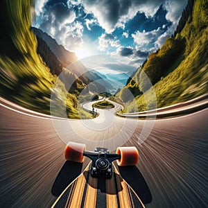 Skateboarder takes an exhilarating ride down a winding country road