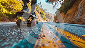 Skateboarder takes an exhilarating ride down a winding country road