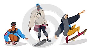 Skateboarders friends riding. Young people having fun, training, jumping and doing a tricks. Funny cartoon characters. Isolated on