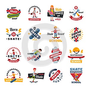 Skateboarders people tricks silhouettes sport logo badge for team extreme skateboarding urban life people vector