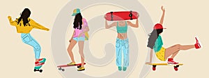 The skateboarders set. Girl surf on skateboard or longboard.