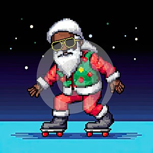 Skateboarding African American Santa Claus, in a retro 1990s-inspired vintage pixel art style