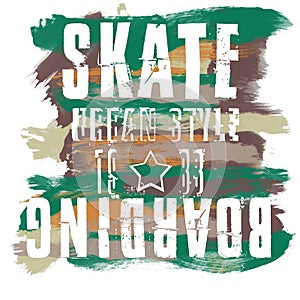 Skateboarding city art. Street graphic style SK8. Fashion stylish print. Template apparel, card, label, poster. emblem, t-shirt