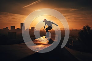 Skateboarding city sunset. Generate Ai