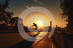 Skateboarding city sunset jump. Generate Ai