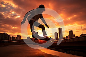 Skateboarding city sunset jump. Generate Ai
