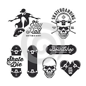 Skateboarding labels badges set. Vector vintage illustration.