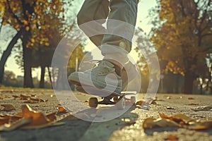 skateboarding legs against the backdrop of the city at sunset