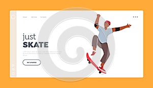 Skateboarding Outdoors Activity Landing Page Template. Man in Modern Clothes and Safety Helmet Jumping on Skateboard