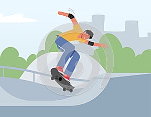 Skateboarding Outdoors Activity. Young Man Jumping on Skateboard Training Extreme Stunts. in City Park.