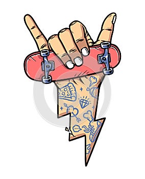 skateboarding shaka hand with lightning shape