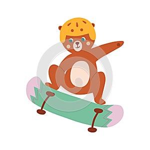 Skateboarding sport Cute animal rides longboard, jump, perform tricks. Vector summer activity illustration, extreme