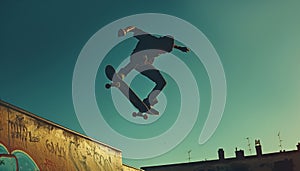 Skateboarding Urban Thrills - silhouette of skateboarder performing mid-air trick against backdrop of graffiti-covered walls and