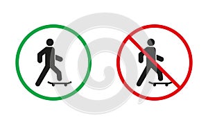 Skateboarding Warning Sign Set. Man on Skateboard Allowed and Prohibit Silhouette Icons. Person on Skate Board Red and