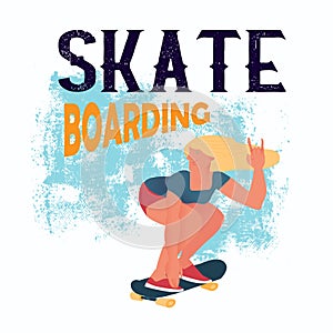 Skateboarding. The young cool chick does a trick with squat shes hand is raised up with gesture by fingers. Vector illustration.