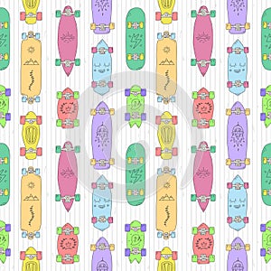 Skateboards and longboards cartoon style vector seamless pattern.