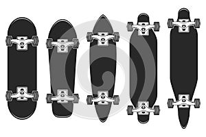 Skateboards set. Skateboarding elements, longboard. Skate board illustration.