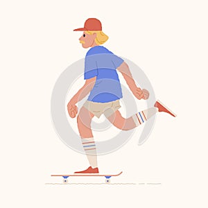 Skater guy or skateboarder riding skateboard. Young man with mustache and cap skateboarding. Outdoor sports activity