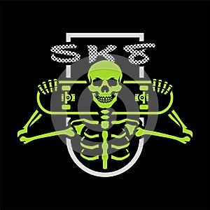 Skater skeleton with a board. Emblem, t-shirt graphics on a dark background. Vector illustration.