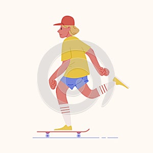 Skater teenage boy or skateboarder riding skateboard. Young man with cap or kidult skateboarding. Male cartoon character