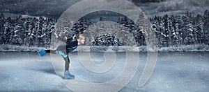 skater on winter lake  background