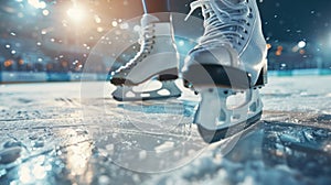 A skaters blades gliding inches above the ice revealing the incredible control they have over their movements at a